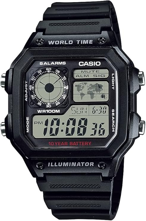 Casio WORLD TIME Digital Watch 100M WR Multi Alarms 100 SEC Stopwatch