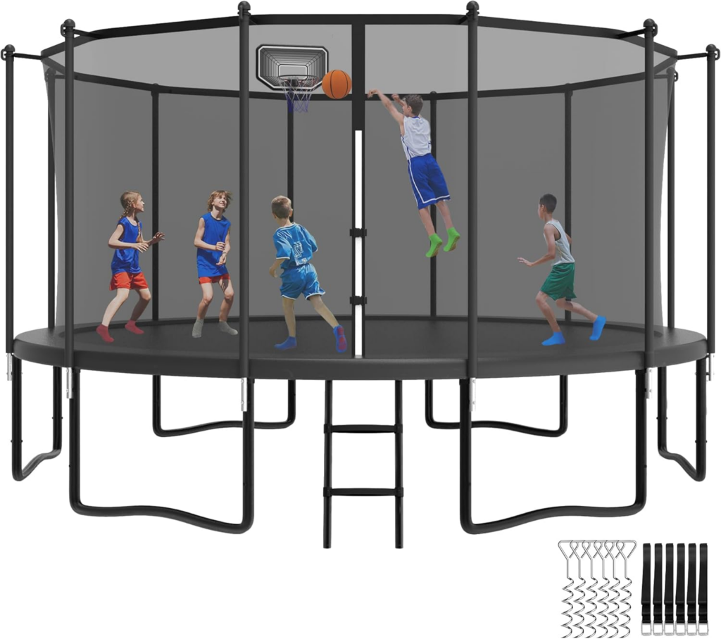 YORIN 16FT Outdoor Trampoline with Basketball Hoop & Enclosure