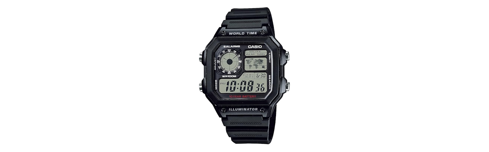 Casio WORLD TIME Digital Watch 100M WR Multi Alarms 100 SEC Stopwatch